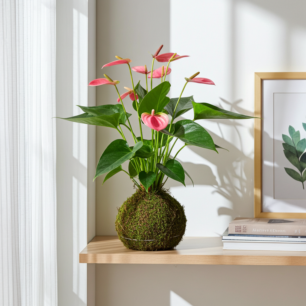 anthurium kokedama flores rosa