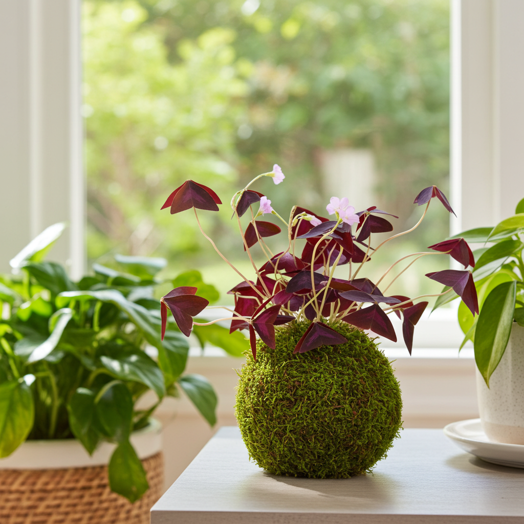 trebol hojas moradas kokedama