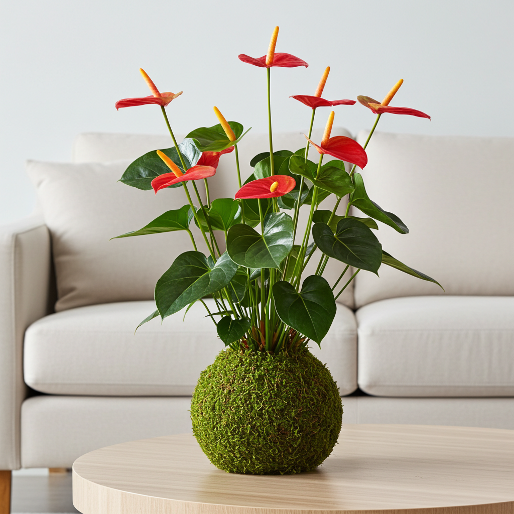 kokedama anturium rojo