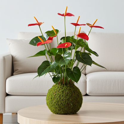 kokedama anturium rojo