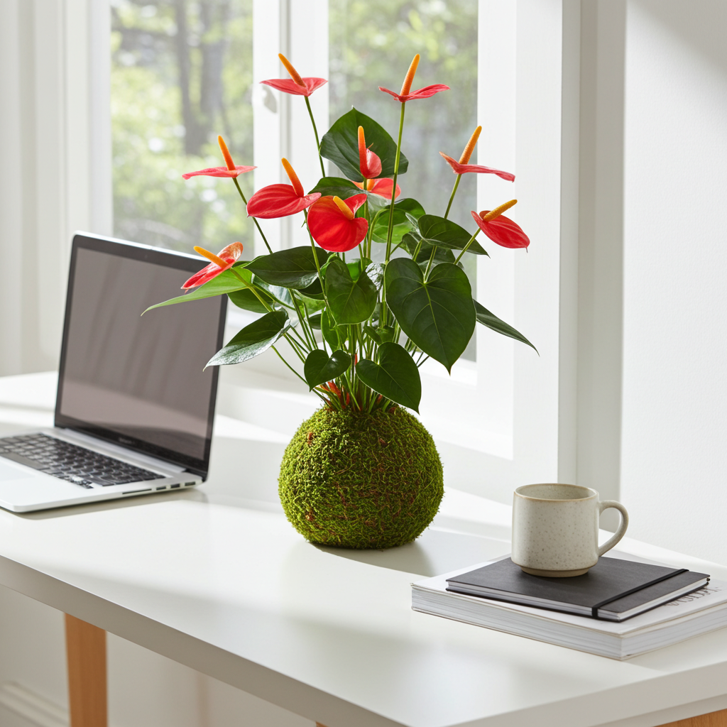 anthurium rojo kokedama