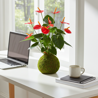 anthurium rojo kokedama