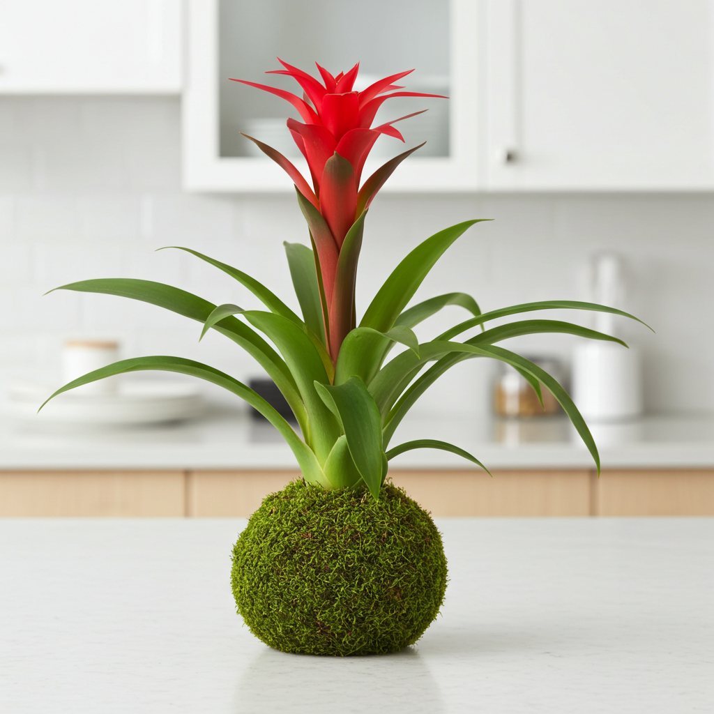 kokedama guzmania color rojo