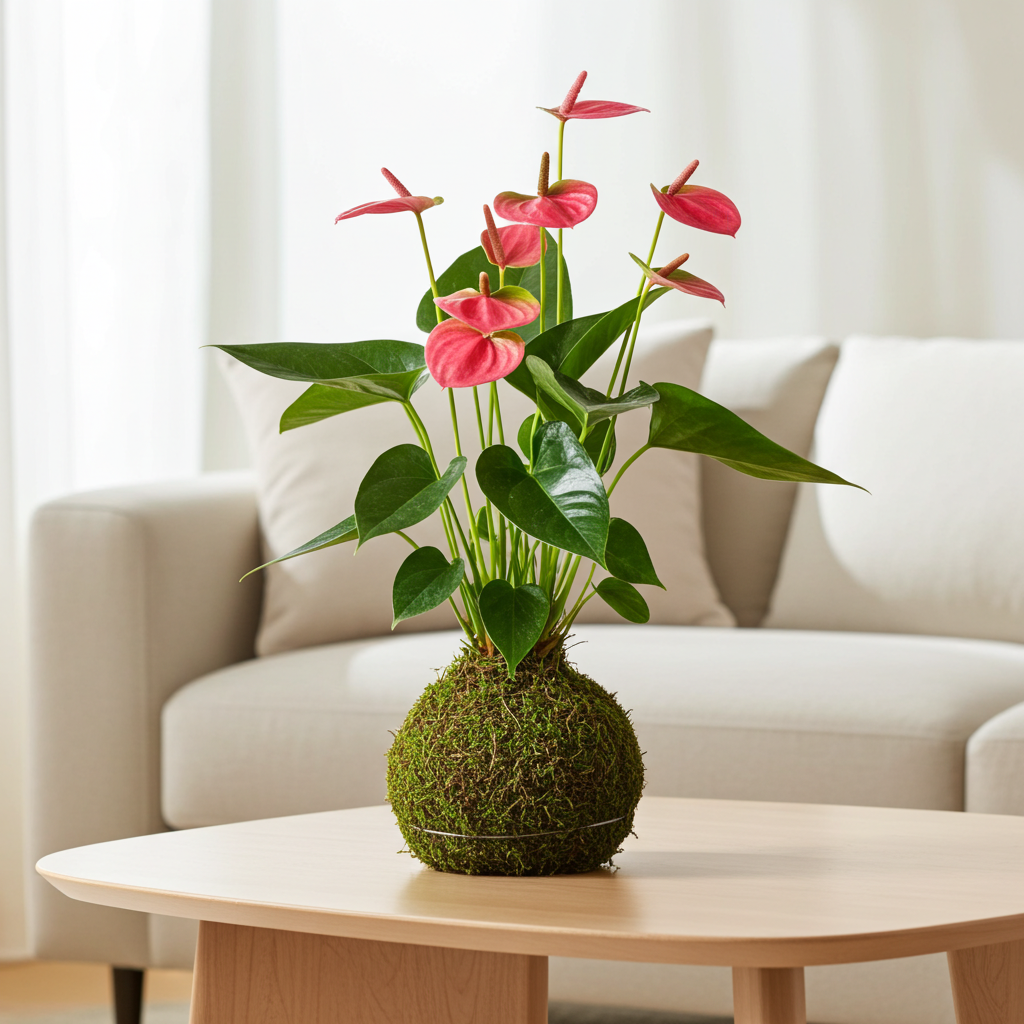 kokedama anturio flores rosas