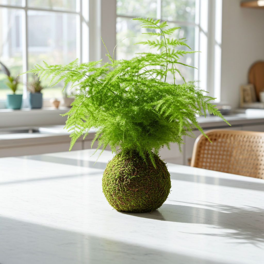 kokedama helecho asparagus plumosus