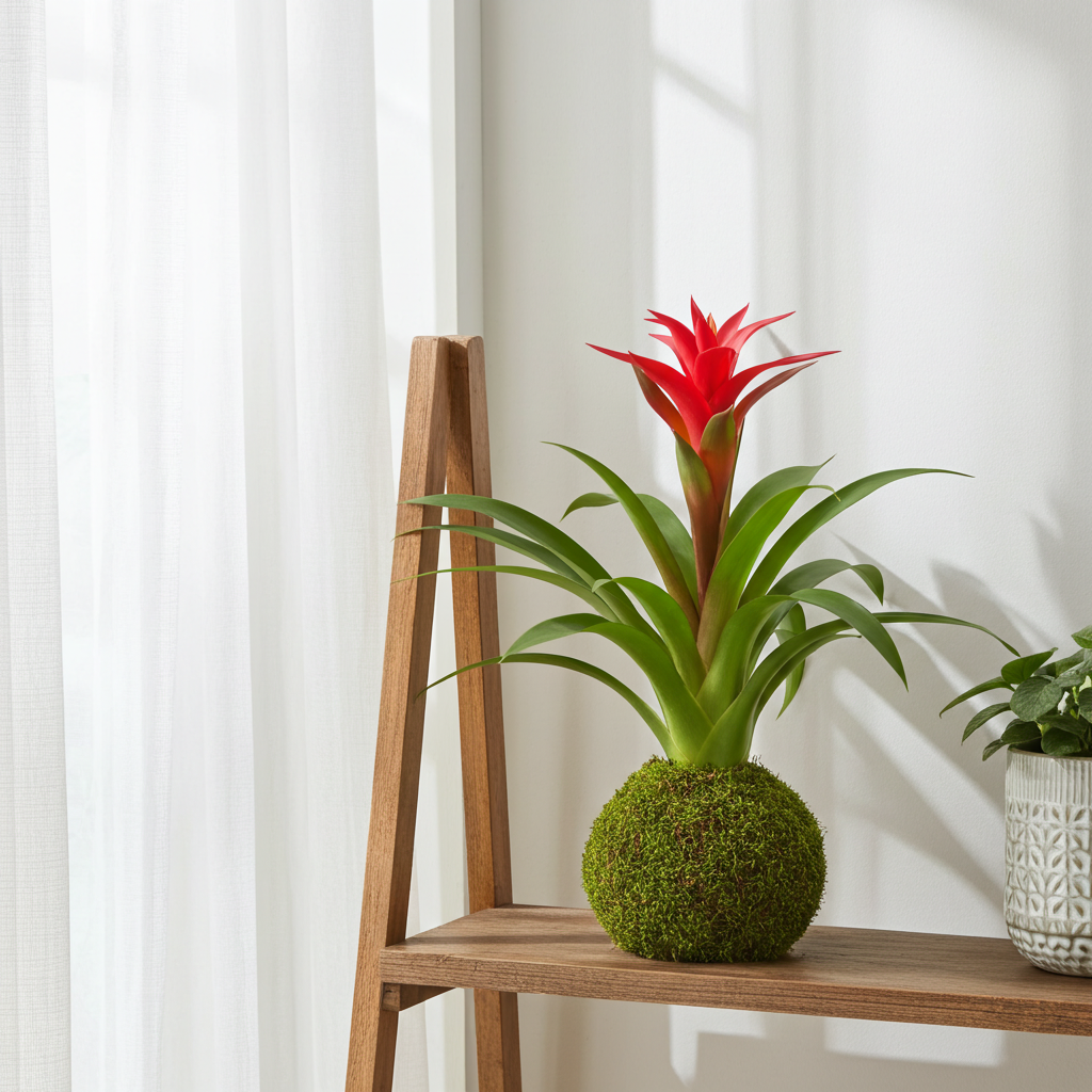 kokedama guzmania flores color rojo