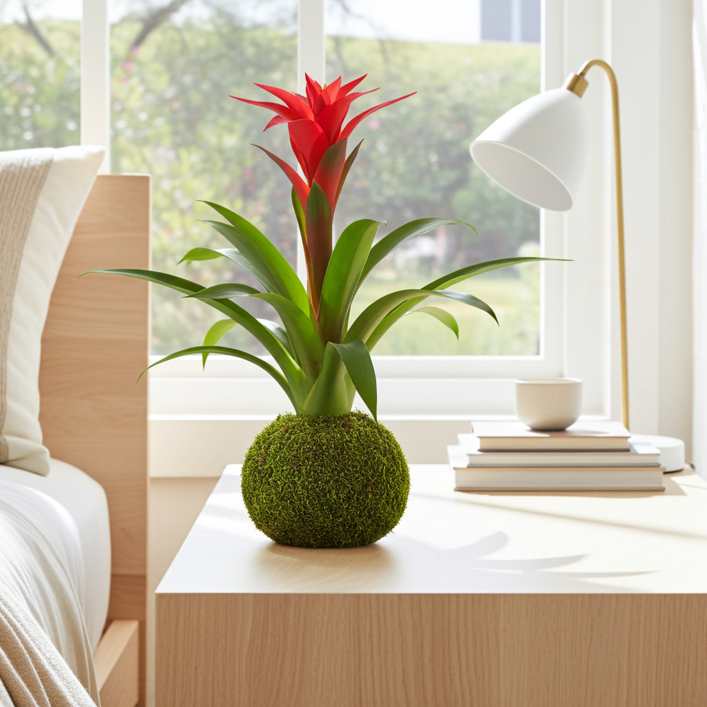 kokedama flor roja guzmania