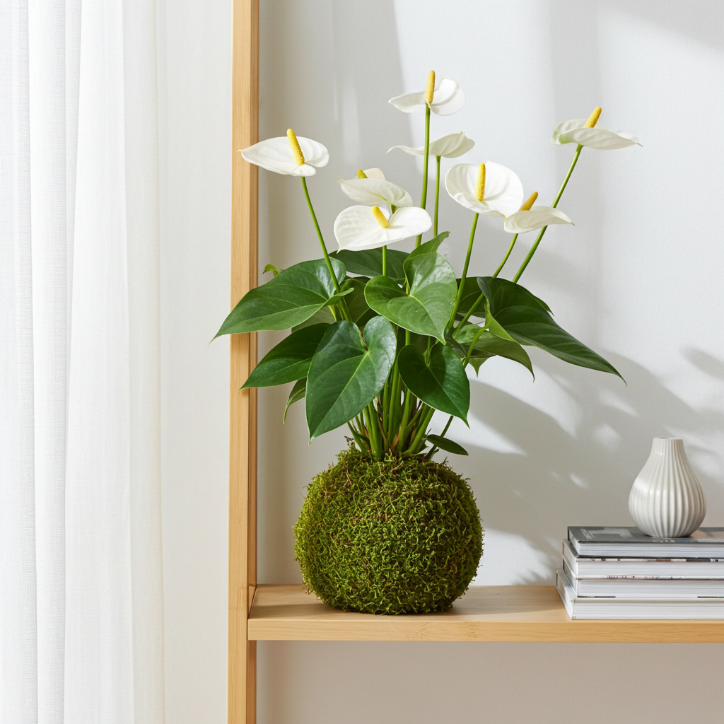 kokedama anturio flores blancas