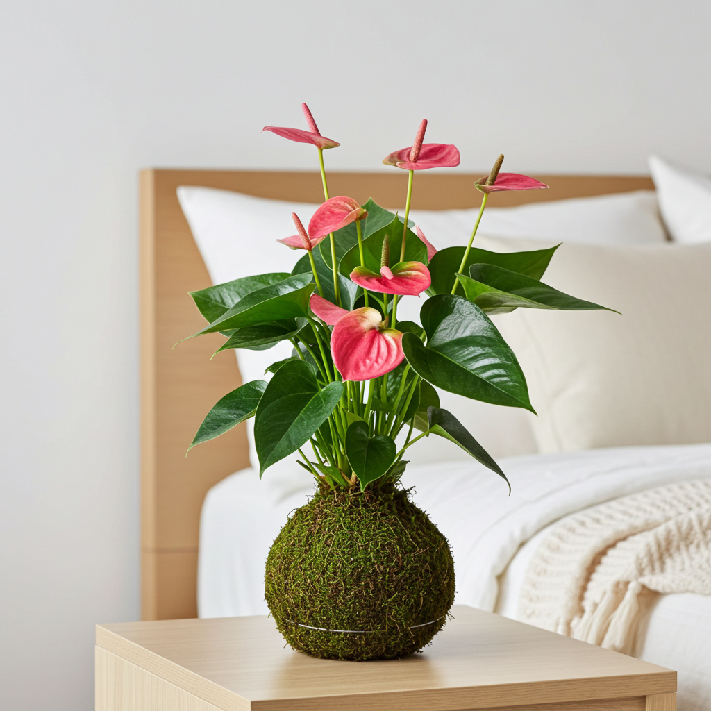 kokedama anthurium rosa