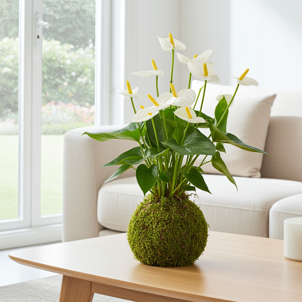 kokedama de anturio blanco