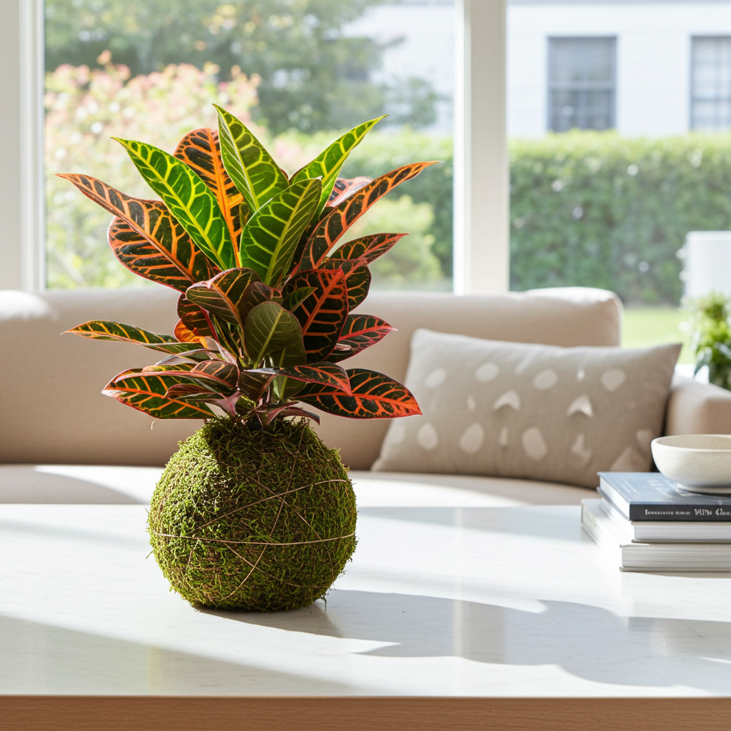 kokedama croton naranja