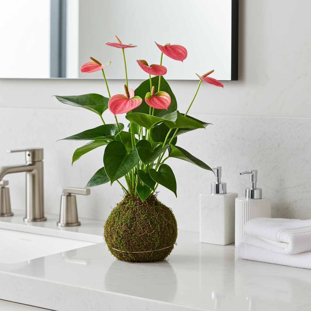 kokedama anthurium rosa natural