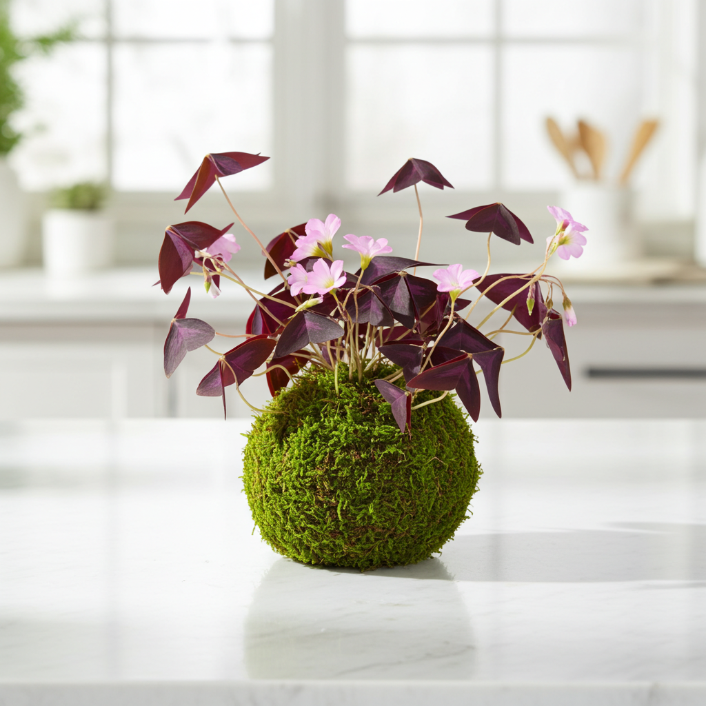 trebol kokedama color morado